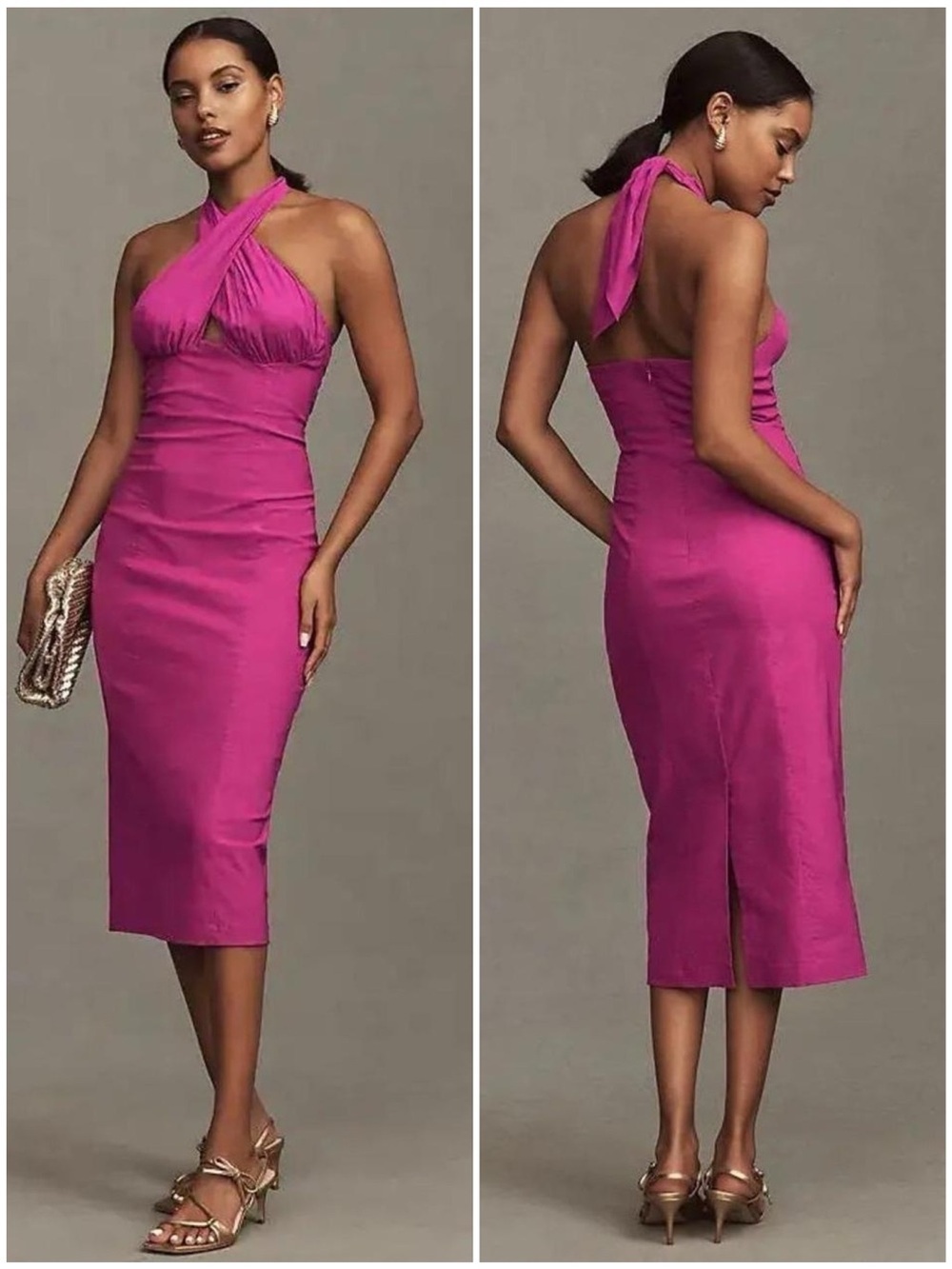 BHLDN Twist-Halter Midi Dress in Bright Magenta